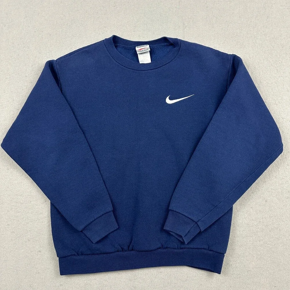 Vintage Nike Sweatshirt Boys Large Blue Solid Pullover Baby Swoosh Crewneck 90s